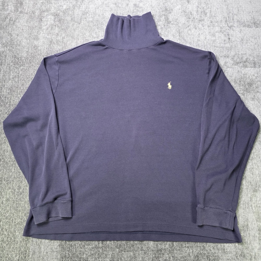 Vtg Polo Ralph Lauren Turtleneck Shirt Mens XXL 2XL Navy Blue Yellow Logo Preppy